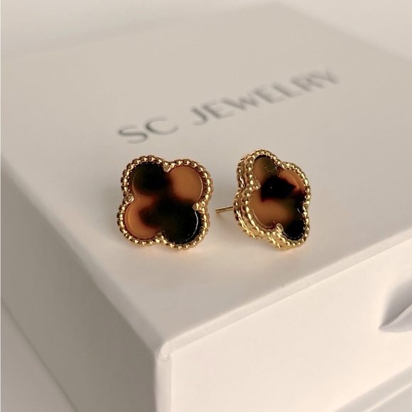 Clover Earrings Tiger Eye Onyx Stone Stud Earrings Luxury Jewelry - Picture 5 of 12